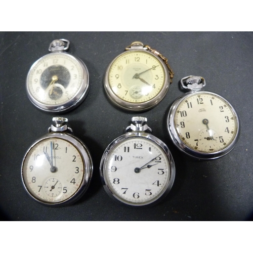 339 - Five pocket watches to include Ingersoll, Smith's Empire, Timex and Westclox.  (5)