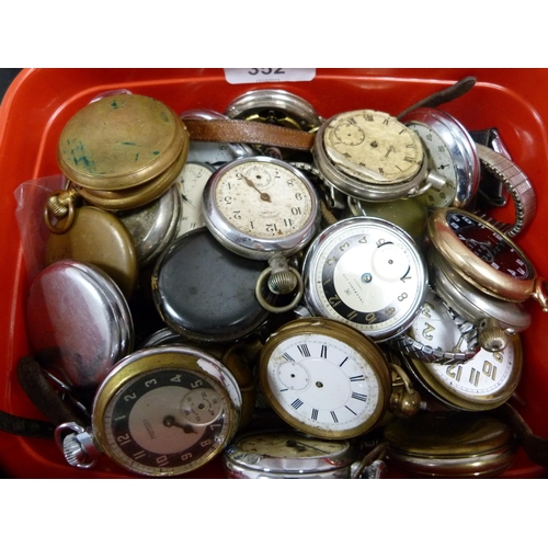 352 - Tub containing assorted pocket watch parts to include movements, some rolled gold examples, movement... 