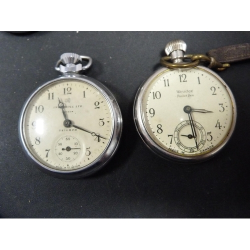 355 - Five assorted pocket watches to include Ingersoll Triumph, Services, Westclox Pocket Ben etc.  ... 