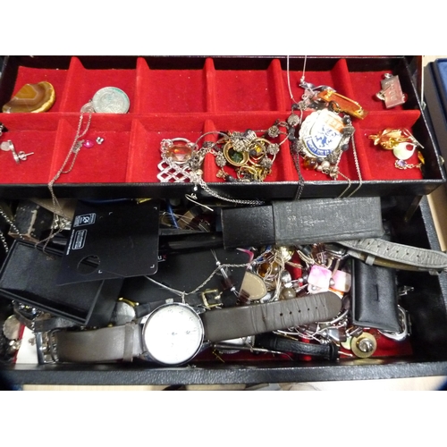 356 - Box containing assorted costume jewellery, fashion watches, beads etc., also vintage cased toilet ja... 