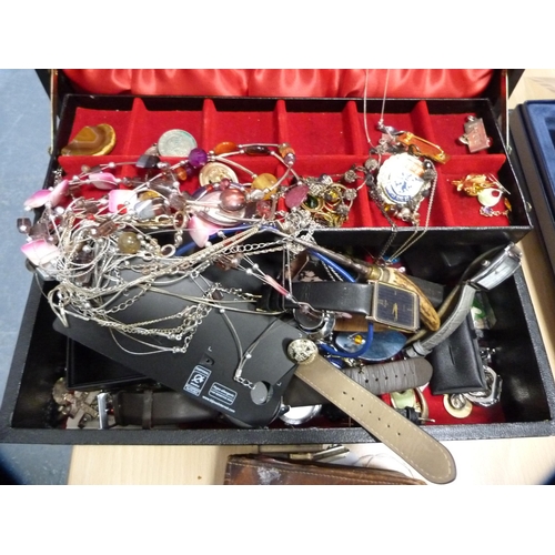 356 - Box containing assorted costume jewellery, fashion watches, beads etc., also vintage cased toilet ja... 