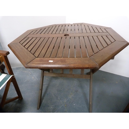 358 - Octagonal folding garden table and two folding garden chairs.