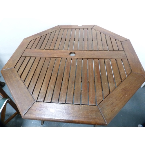 358 - Octagonal folding garden table and two folding garden chairs.