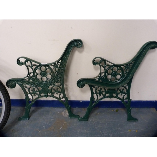 369 - Pair of Victorian-style green-painted metal garden bench ends and a Coalbrookdale-style garden chair... 