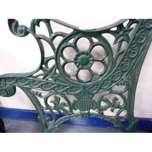 369 - Pair of Victorian-style green-painted metal garden bench ends and a Coalbrookdale-style garden chair... 