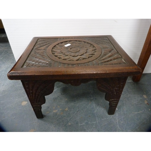 384 - Small antique pine single-drawer occasional table and a carved stool.  (2)