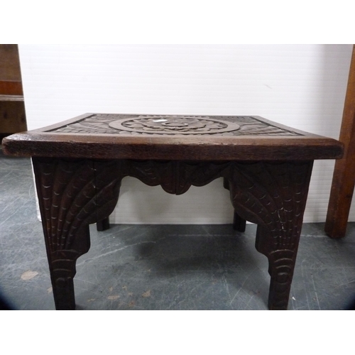 384 - Small antique pine single-drawer occasional table and a carved stool.  (2)