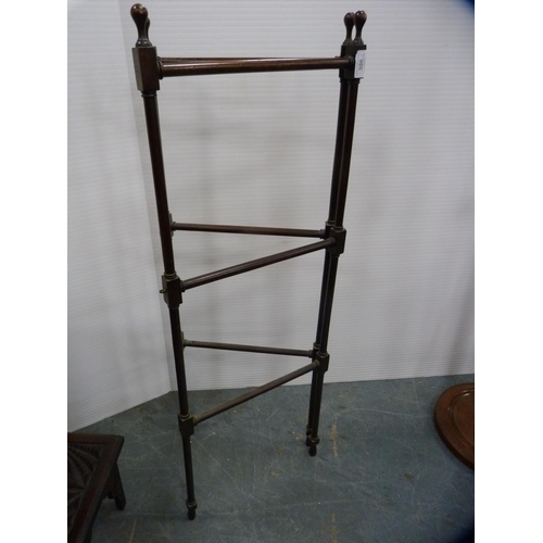 386 - Antique mahogany folding towel rail and a mahogany standard lamp with shade.  (2)