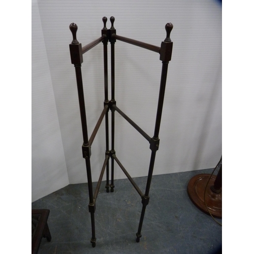 386 - Antique mahogany folding towel rail and a mahogany standard lamp with shade.  (2)