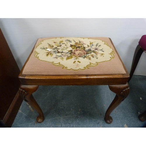 395 - Queen Anne-style dressing stool, another, an antique mahogany dressing stool on pad feet and a cut-d... 