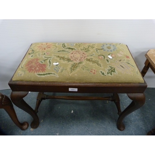 395 - Queen Anne-style dressing stool, another, an antique mahogany dressing stool on pad feet and a cut-d... 