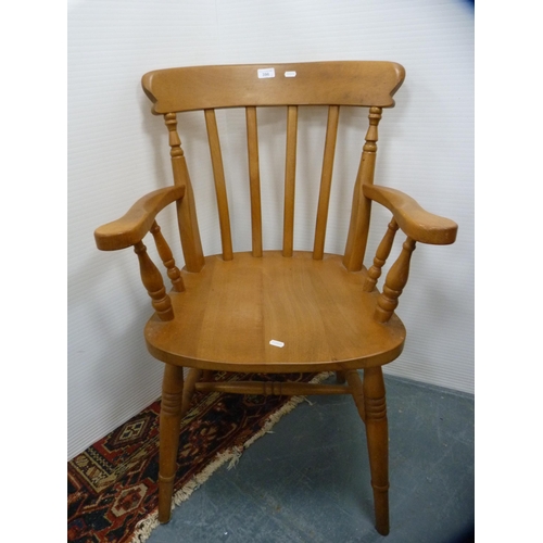 396 - Pine open carver chair and two farmhouse-style kitchen stools.  (3)