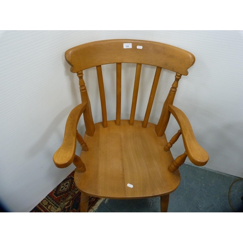 396 - Pine open carver chair and two farmhouse-style kitchen stools.  (3)