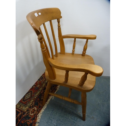 396 - Pine open carver chair and two farmhouse-style kitchen stools.  (3)