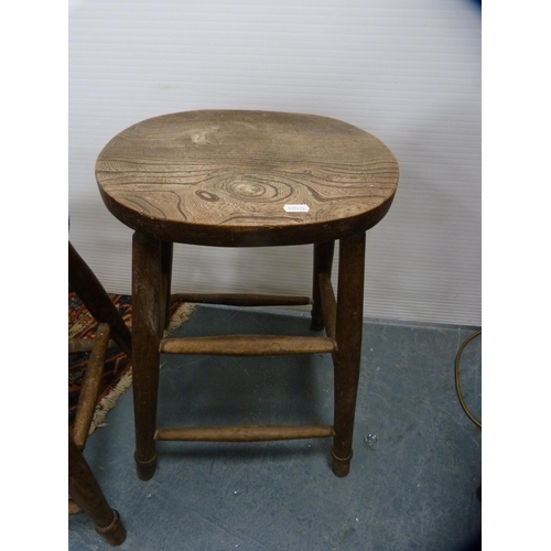 396 - Pine open carver chair and two farmhouse-style kitchen stools.  (3)