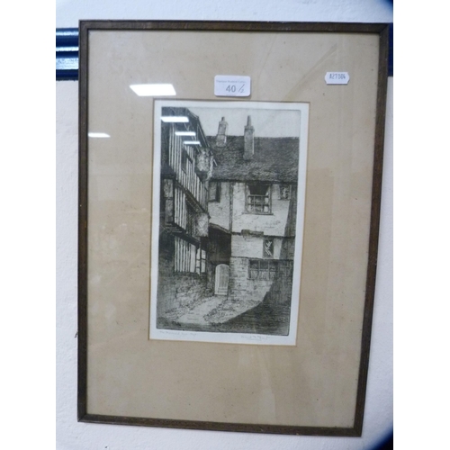 40 - The Mermaid Inn, RyeIndistinctly signed, etching, and a watercolour of a church.  (2)