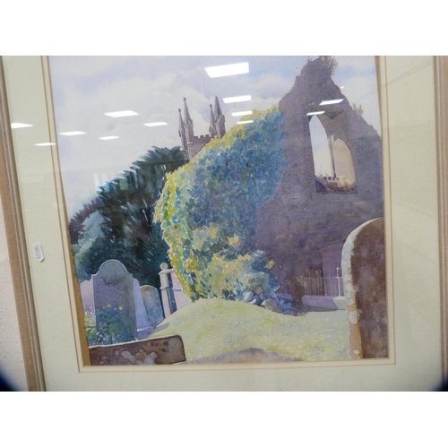 40 - The Mermaid Inn, RyeIndistinctly signed, etching, and a watercolour of a church.  (2)