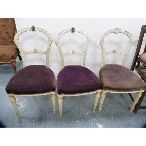 401 - Three matching late Victorian painted parlour chairs, footstool and two pairs of later chairs with b... 