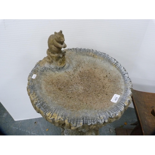 409 - Composition garden bird bath with squirrel surmount.