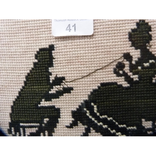 41 - Regency-style silhouette embroidery of a couple, in black slip frame.