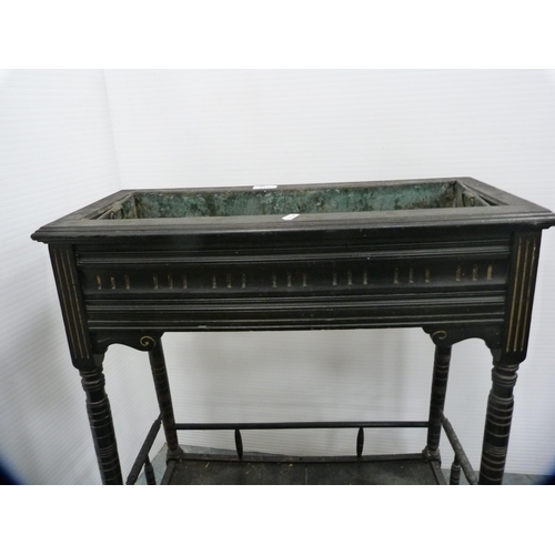 413 - Victorian ebonised planter and an Edwardian-style inlaid mahogany fire screen.  (2)