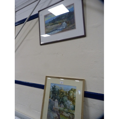 42 - Two watercolours to include a country scene, signed indistinctly, and another of a country stream wi... 