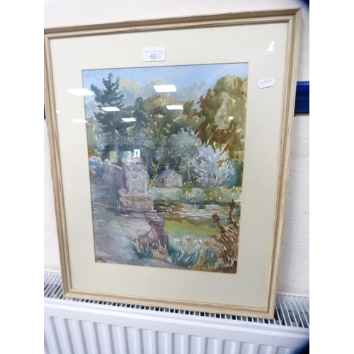 42 - Two watercolours to include a country scene, signed indistinctly, and another of a country stream wi... 