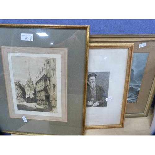 43 - Etching of a continental townscape, signed indistinctly, three prints, and a carton containing a lad... 