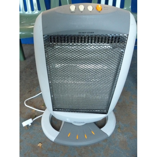 435 - Two plastic garden chairs and a fan heater.  (3)