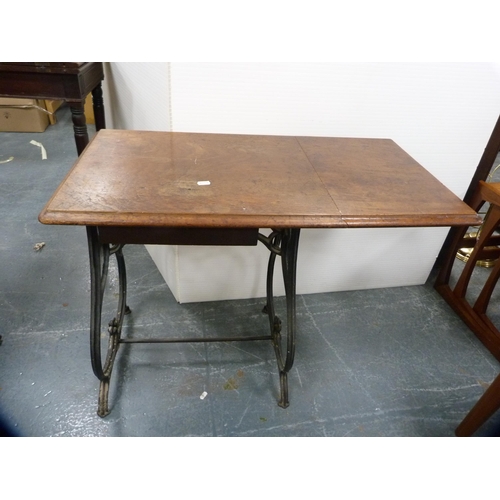 444 - Teak occasional table and a vintage wrought iron treadle stand.  (2)