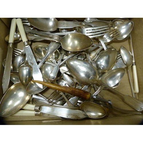 45 - Carton containing loose EP flatware and a part set of fish knives and forks.