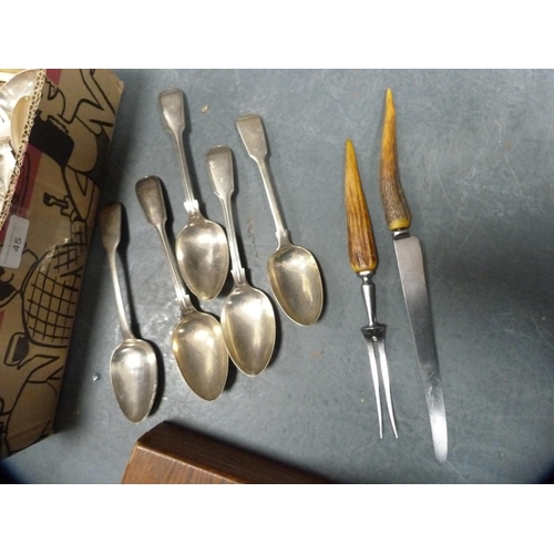 45 - Carton containing loose EP flatware and a part set of fish knives and forks.