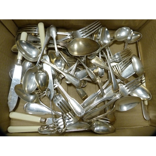 45 - Carton containing loose EP flatware and a part set of fish knives and forks.