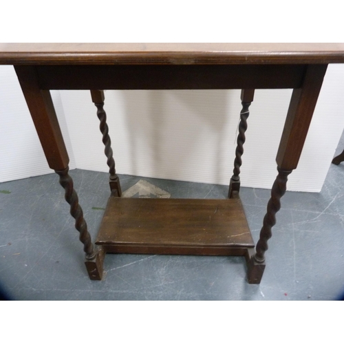 452 - Edwardian two-tier window table and a rectangular occasional table on barley twist supports.  (2)