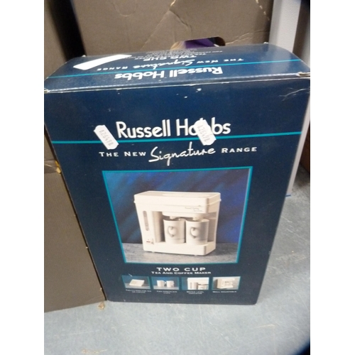 47 - Three cartons containing miscellaneous vintage textiles and clothing, also a Russell Hobbs tea and c... 