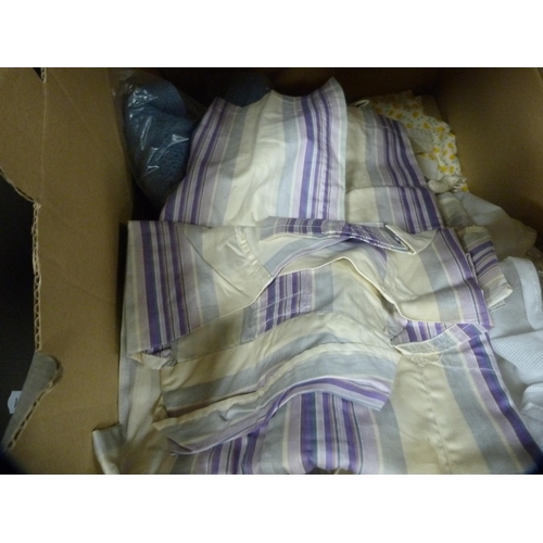 47 - Three cartons containing miscellaneous vintage textiles and clothing, also a Russell Hobbs tea and c... 