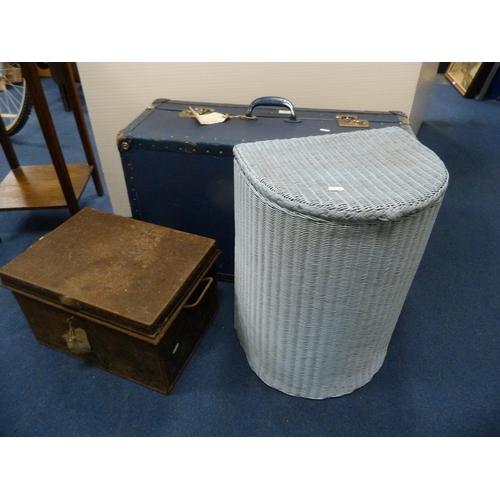 483 - Vintage travel case, painted wicker Lloyd Loom-style laundry basket and a toleware-style deed box.&n... 