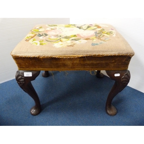 484 - William & Mary-style mahogany stool on pad feet with embroidered needlepoint top.