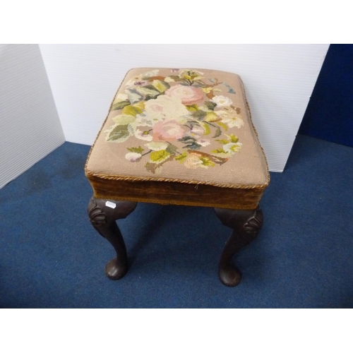 484 - William & Mary-style mahogany stool on pad feet with embroidered needlepoint top.