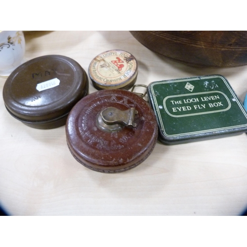 49 - Two tri-plate dressing mirrors, vintage tape measure, fishing flies and accessories and a burr wood ... 