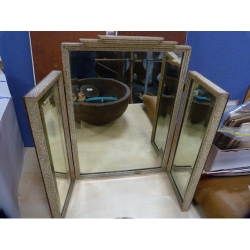 49 - Two tri-plate dressing mirrors, vintage tape measure, fishing flies and accessories and a burr wood ... 