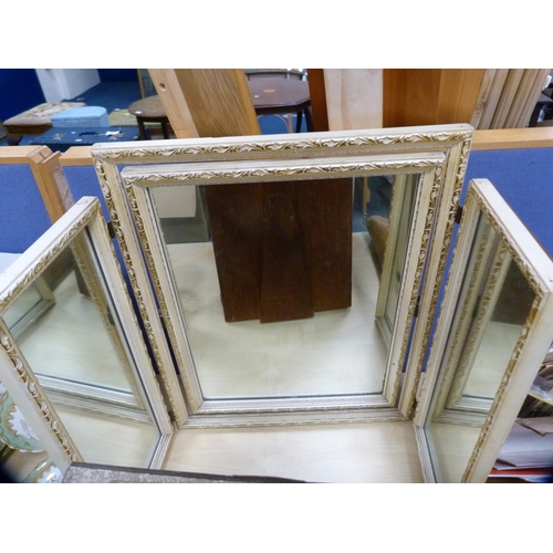 49 - Two tri-plate dressing mirrors, vintage tape measure, fishing flies and accessories and a burr wood ... 