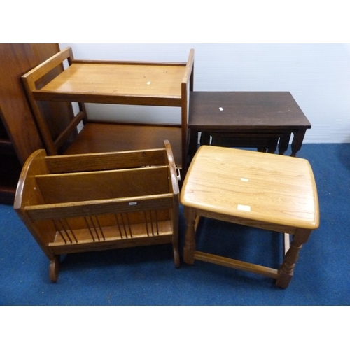 491 - Nest of three tables, oak-veneered stool, magazine rack and a vintage tea trolley.