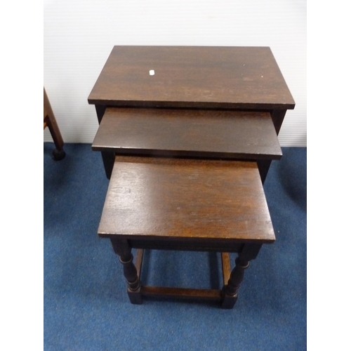 491 - Nest of three tables, oak-veneered stool, magazine rack and a vintage tea trolley.