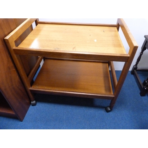 491 - Nest of three tables, oak-veneered stool, magazine rack and a vintage tea trolley.