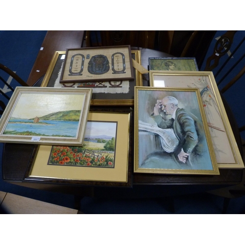 494 - Assorted pictures to include an oil on board by Philip Thurstens of Lochranza Castle, Arran, a water... 