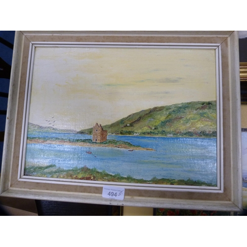 494 - Assorted pictures to include an oil on board by Philip Thurstens of Lochranza Castle, Arran, a water... 