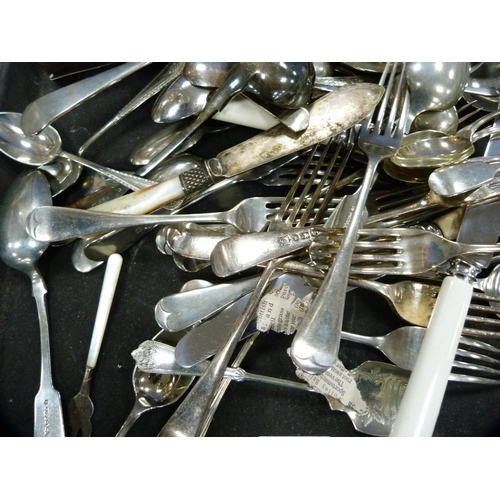 53 - Tray containing modern boxed jewellery, coins and EP flatware.