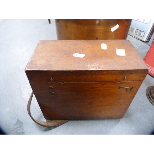 55 - Carton containing cast iron flat iron, doorstop, cartridge case, Victorian mahogany portable box, an... 