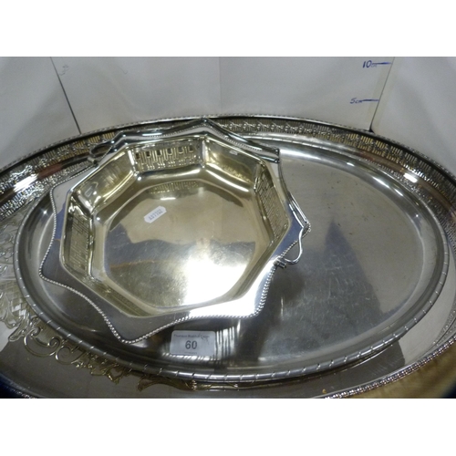 60 - EP and plated ware to include a galleried oval tray, quaich-style bowl, dish, basket and another tra... 